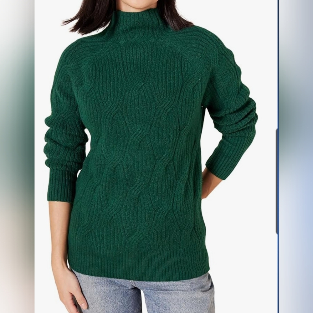 Amazon Essentials  Green Funnel Neck Cable Knit Sweater Size Small